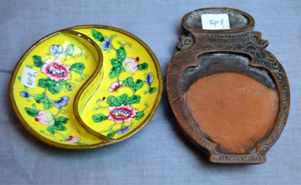 2 Chinese Scholar's Objects: 2 Chinese Scholar's Objects, the first a double sided enamel paint dish decorated with flowers on a yellow ground, underside chipped, diameter 3 1/2 inches (9 cm.), the second an urn shaped inkstone c
