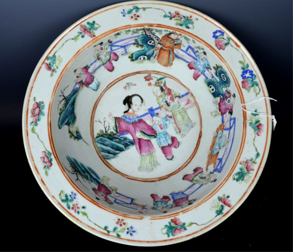 Large Chinese Porcelain Famille Rose Bowl: Large Chinese Porcelain Famille Rose Bowl well painted with beautiful women and children and a lip of flowers, the outside with sprays of bamboo in iron red. Diameter 14 3/4 inches (37.5 cm.). Good co