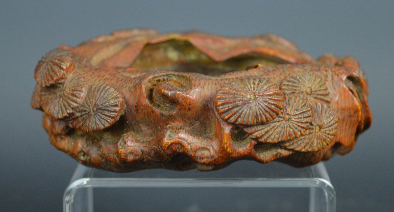 Chinese Carved Bamboo Brush Washer: Chinese Carved Bamboo Brush Washer surrunded with pine branches deeply incised. Diameter 4 inches (10 cm.). Good condition.