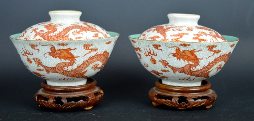 Pair Chinese Porcelain Bowls & Covers: Pair Chinese Porcelain Bowls & Covers beautifully decorated with dragons in iron red and a background of sgraffito waves in white enamel; lined with turquoise glaze; marks to tops and bases. Height wi