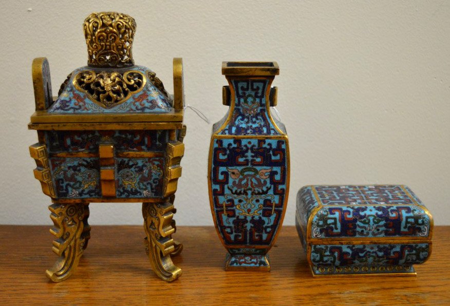 3 Piece Chinese Small Gilt Cloisonne Incense Set: 3 Piece Chinese Small Gilt Cloisonne Incense Set; the burner, incense box and vase for the incense tools all in good cloisonne and gilt bronze, and each piece marked. Height of incense burner includin