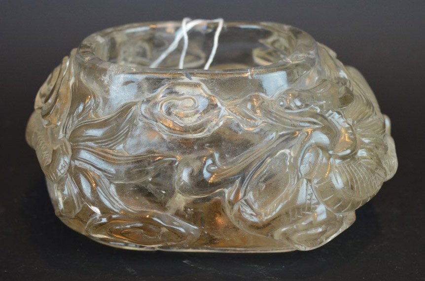 Large Chinese Carved Rock Crystal Brush Washer: Large Chinese Carved Rock Crystal Brush Washer surrounded with a dragon in clouds; good foot ring. Diameter 5 1/4 inches (13.5 cm.). Good condition.