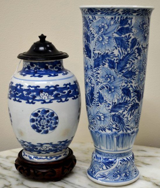 2 Kangxi Chinese Porcelain B & W Jars: 2 Kangxi Chinese Porcelain B & W Jars, the first with bands and roundels of strong blue now with a wod top, the second with pencilled lines imitating a Dutch beaker in glass. Provenance of the second,