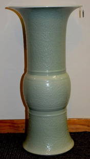 Chinese Carved Celadon Porcelain Vase: Chinese Carved Celadon Porcelain Vase This lot was purchased by Ricky Chung, Alhambra CA. in our June 29th, 2014 sale. Beware this buyer does not pay his bills. Therefore we are re-listing. in our Jun