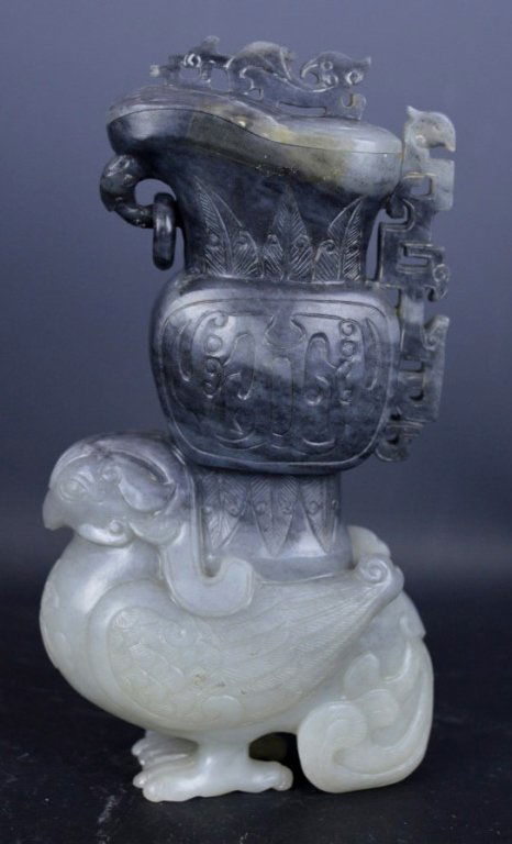 Good Black & White Chinese Jade Phoenix & Hu: Good Black & White Chinese Jade Phoenix & Hu Good Black & White Chinese Jade Phoenix & Hu Carving, the bird in archaic form balancing the handled, loose ring & covered urn on its back. Height to cover