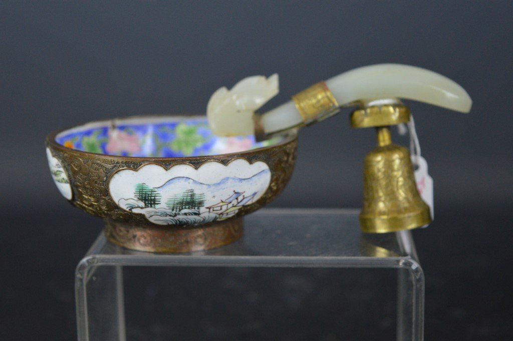 Chinese Enamel & Bronze Cup, Jade Belt Hook Handle: Chinese Enamel & Bronze Cup, Jade Belt Hook Handle Chinese Enamel & Bronze Cup, Jade Belt Hook Handle. Length from bowl to handle 4 3/4inches (12 cm.). Small damage to one enamel window on side. Any c