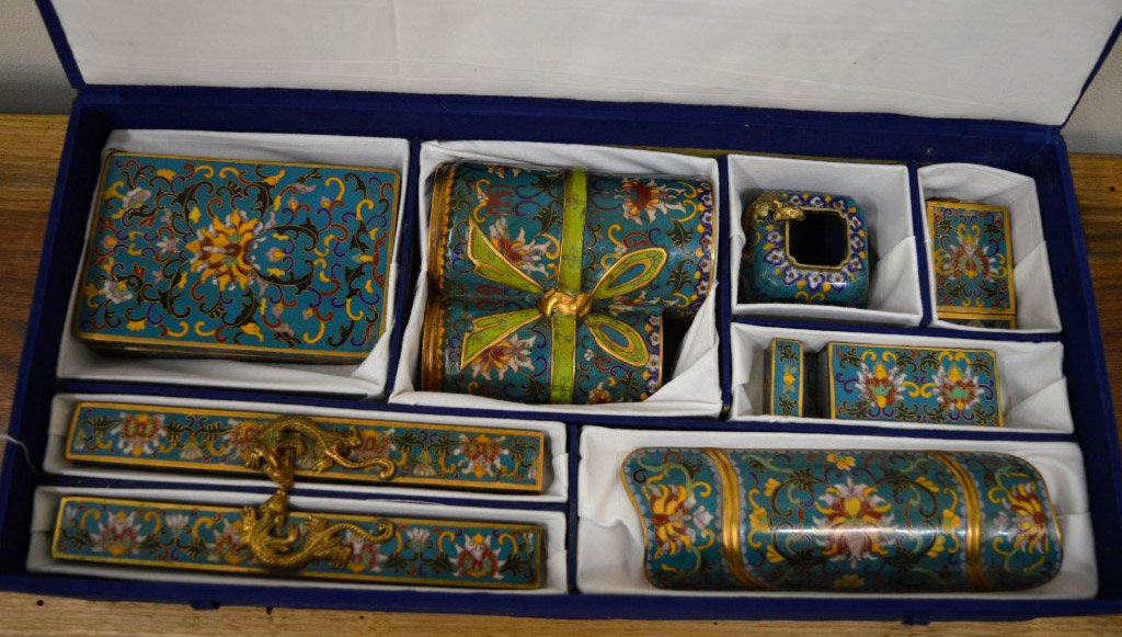 Complete Chinese Cloisonne 8-pc Scholar's Set: Complete Chinese Cloisonne 8-piece Scholar's Set, ink-stone box (no ink-stone inside), double brush pot, water pot, seal box, ink rest, pair of scroll weights, and a wrist rest all in a fitted and pad