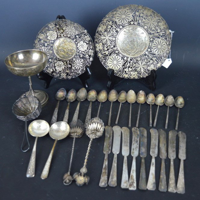 Chinese Silver Utensils & 2 Silver Wire Plates: Chinese Silver Utensils & 2 Silver Wire Plates, including a Chinese Silver stem cup, butter knives, tea spoons in 2 patterns, and 5 serving pieces. Diameter of larger dish 6 1/4 inches (16 cm.). All i