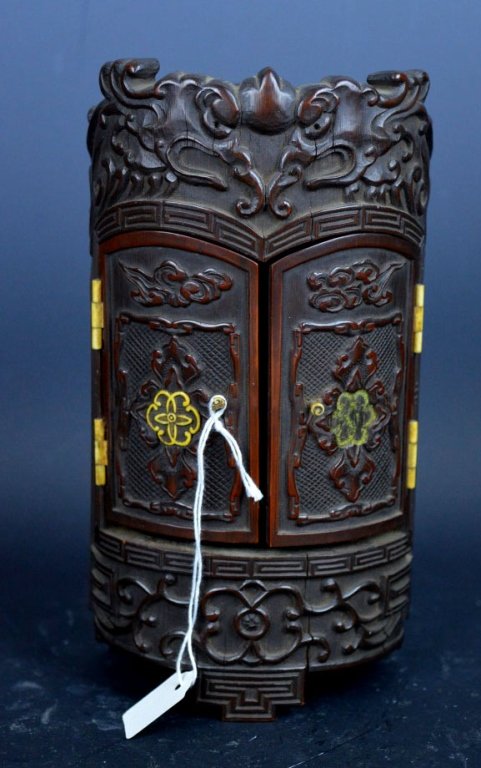 Antique Japanese Bamboo Shrine Holder: Antique Japanese Bamboo Shrine Holder the double doors on bone hinges, wood veneered interior. Height 6 3/4 inches (17 cm.). Good condition, small bone inlay missing from one door.