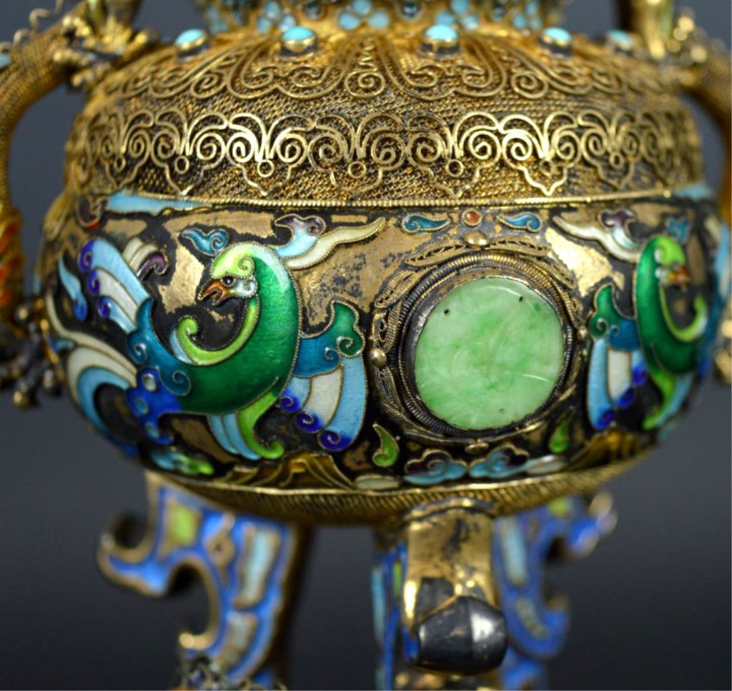 Fine Chinese Silver Wire-work & Gem Censer: Fine Chinese Silver Wire-work & Gem Censer inlaid with good green carved jadeite, coral and turquoise, the wire work over gilt-silver with further enameling all over; balls suspended from elaborate dr