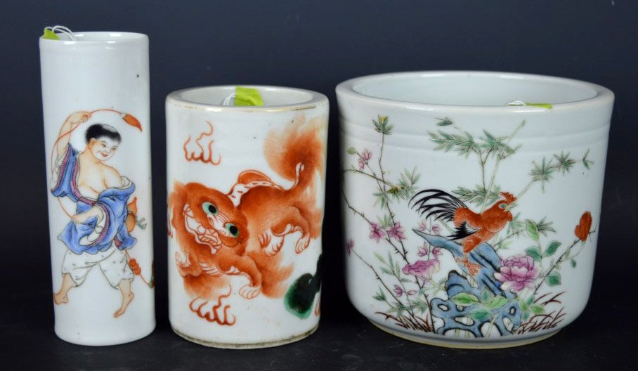 3 Republic Chinese Porcelains: 3 Republic Chinese Porcelains; a bowl enameled with rooster, butterflies and flowers, a brushpot with two Buddhist Dogs and a brushpot enameled with Liuhai. Width of bowl 5 inches (12.5 cm.). Good con