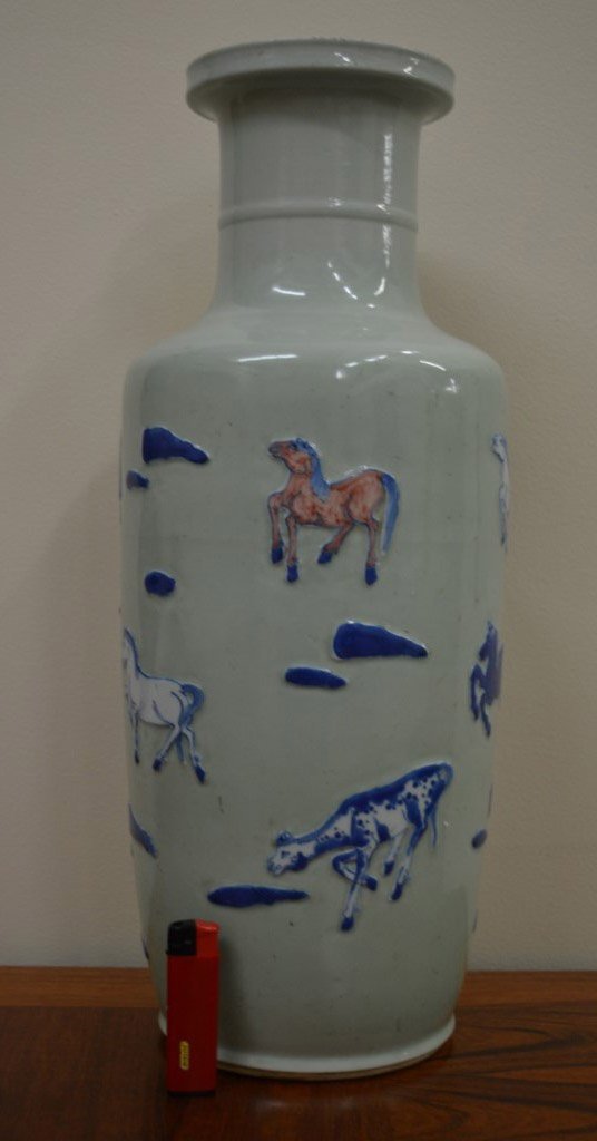 Large Chinese Celadon, Red & Blue Porcelain Vase: Large Chinese Celadon, Underglaze Red & Blue Porcelain Vase well detailed with the 8 horses of Mu Wang and a tall pine in raised porcelain each decorated with different designs on a celadon ground. Ma