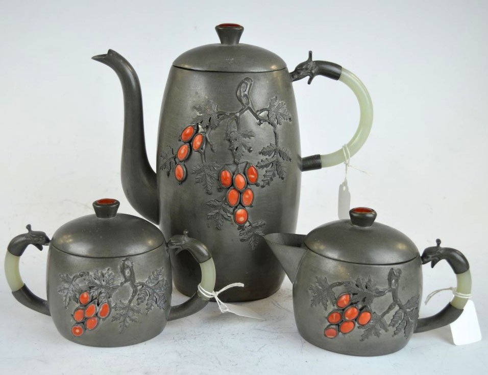 Chinese Pewter, Jade, Coral, Carnelian Teapot Set: Late Qing Chinese Pewter, Jade, Coral, Carnelian Teapot Set. Height of teapot 8 1/2 inches (21.5 cm.).