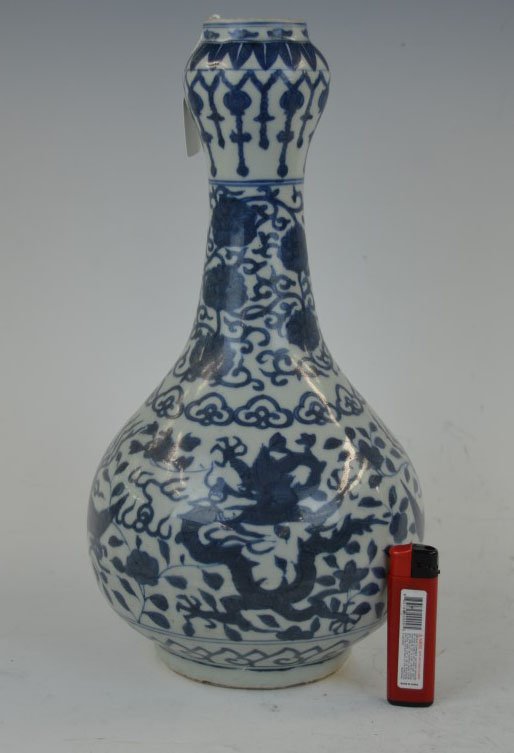 Chinese Ming Style Blue & White Garlic-mouth Vase: Chinese Ming Style Blue & White Garlic-mouth Vase with two 5-claw dragons between two phoenix; mark on base. Height 12 1/2 inches (32 cm.). Provenance: From an English estate in selborne, England.