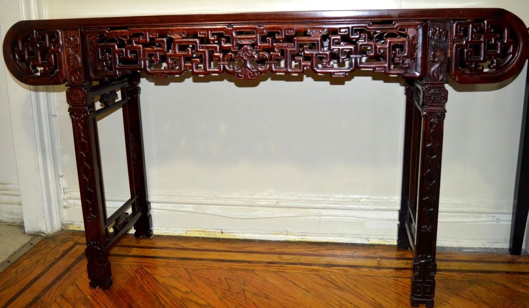 Carved Chinese Hungmu Altar Table: Carved Chinese Hungmu Altar Table. Wide: 59 3/4inches (152cm.) and high: 34 1/2 inches (87.5cm.).