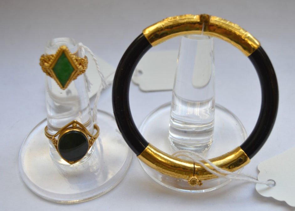 Old Chinese Jade, Jadeite, Lacquer & 24K Gold Jewelry: Chinese Jade, Jadeite, Lacquer & 24K Gold Jewelry of 2 rings one set with a good jadeite, the other with good green jade and a lacquer and gold bracelet all with various marks.The inside diameter of t