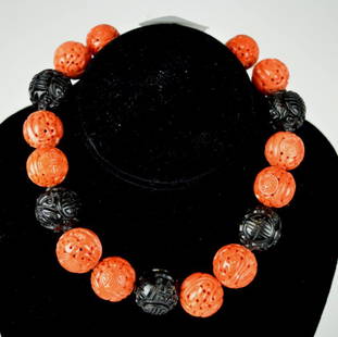 Large Chinese Carved Black Coral & Red Coral Beads: Large Chinese Carved 5 Black Coral & 12 Carved Red Coral Beads. Weight 171 grams. Provenance: Old Long Island Collection. Good condition. See images for more information.