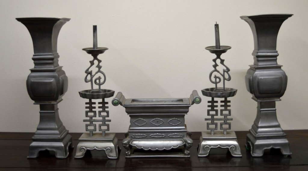 Good 5 Piece Chinese Pewter Altar Set: Good 5 Piece Chinese Pewter Altar Set, 2 pricket candlesticks with marks, 2 vases, and a 2 handled censer with mark. Good condition, age related scratches. Height of vases 15 3/4 inches (40 cm.).