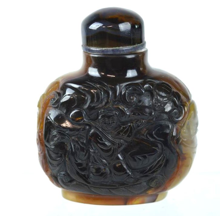 Relief Carved 19th C Chinese Agate Snuff Bottle: Relief Carved 19th C Chinese Agate Snuff Bottle each flat side with boys & bats in high relief in dark agate, the sides in light agate with a monkey and a fish. Nice foot, well hollowed; agate top. Go