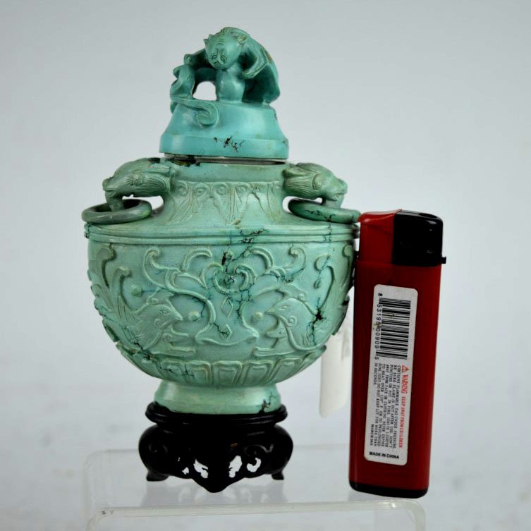 19th 20th C Chinese Carved Turquoise Bottle & Top (1 of 10)
