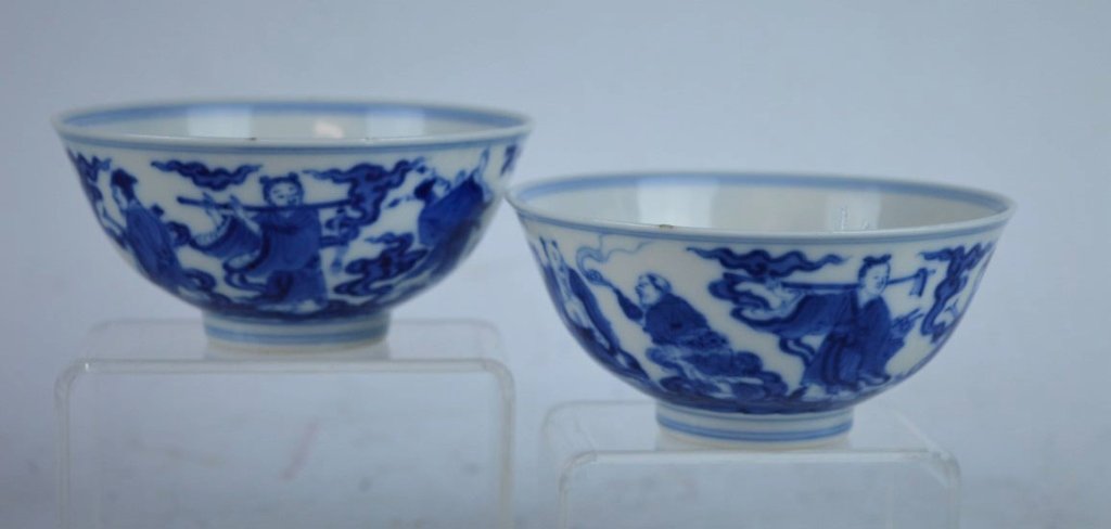 Pr. 19th C Chinese B & W Baxian Porcelain Bowls (1 of 10)