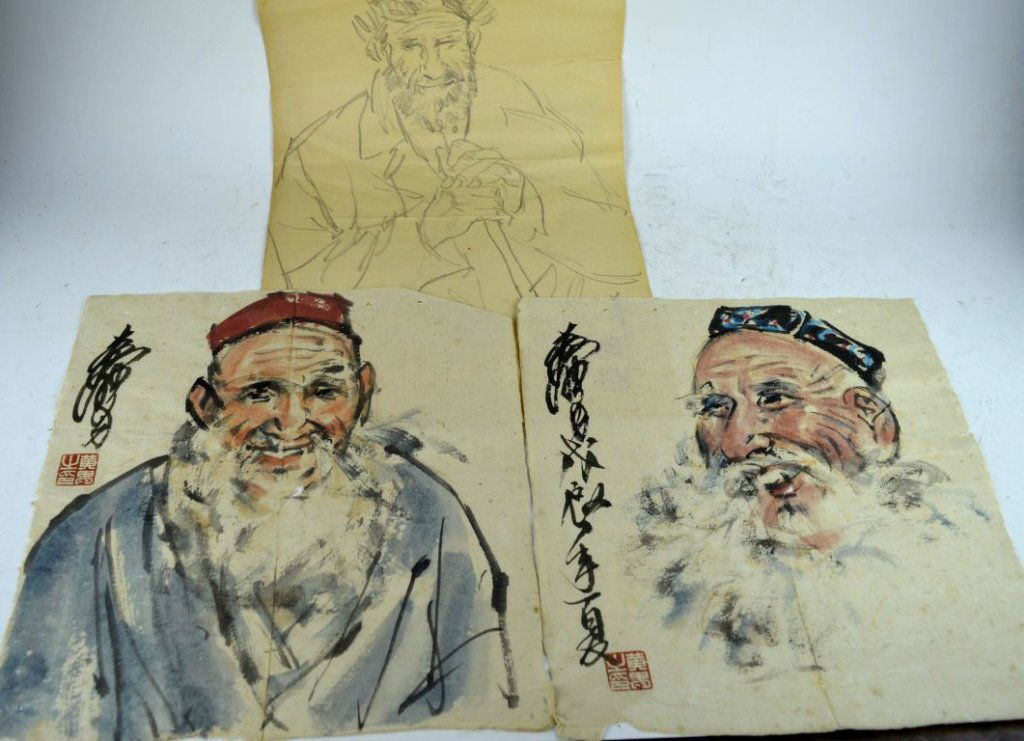 Huang Zhou - 2 Chinese Paintings, 1 Pencil Sketch (1 of 8)