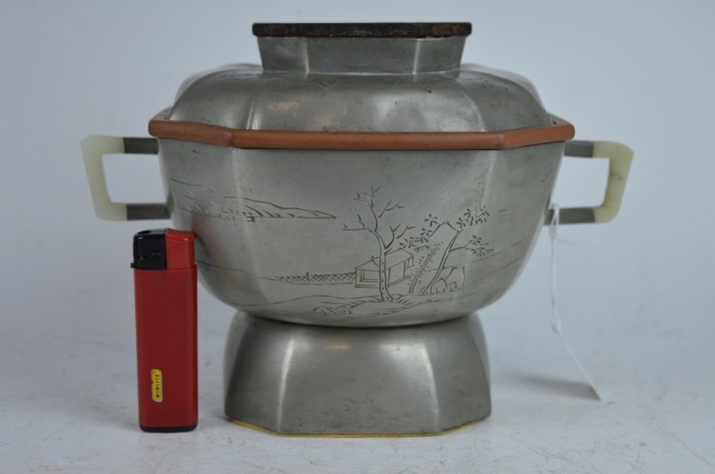 Chinese Enameled Yixing Incised Pewter Base& Cover (1 of 10)