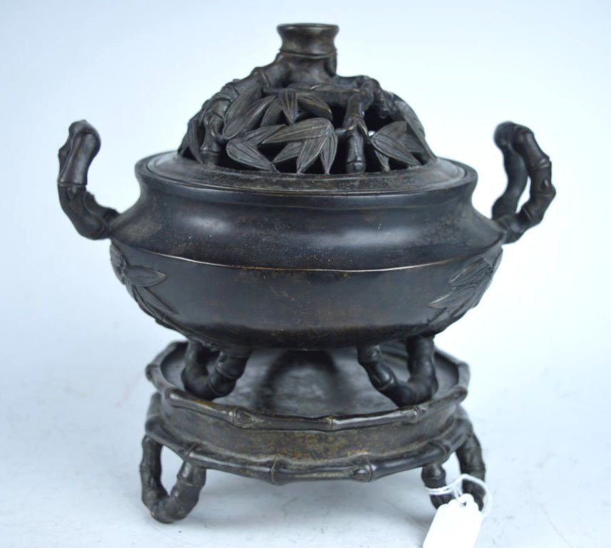 Antique Chinese 3 Part Bronze Bamboo Censer (1 of 10)