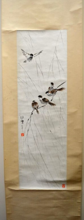 5 Birds on Willow Branch Scroll Painting (1 of 8)