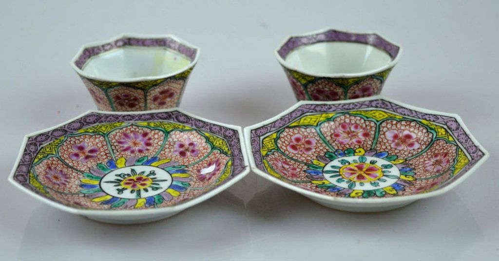 Pr Chinese eggshell porcelain cups & saucers (1 of 7)