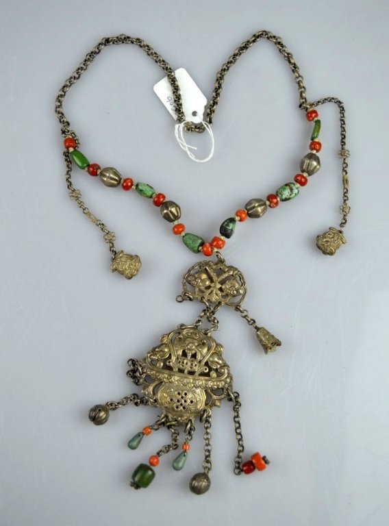 Chinese Late Qing Silver & Bead Wufu Necklace (1 of 9)