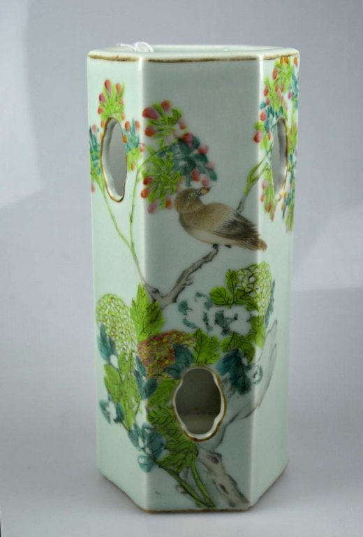 19C Chinese Enameled Celadon Porcelain Hat Stand: 19th Century Chinese Enameled Celadon Porcelain Hat Stand with quatrefoil windows and a painting of a bird on a branch and calligraphy; mark to base. Good condition, 2 short hairlines inside not visib