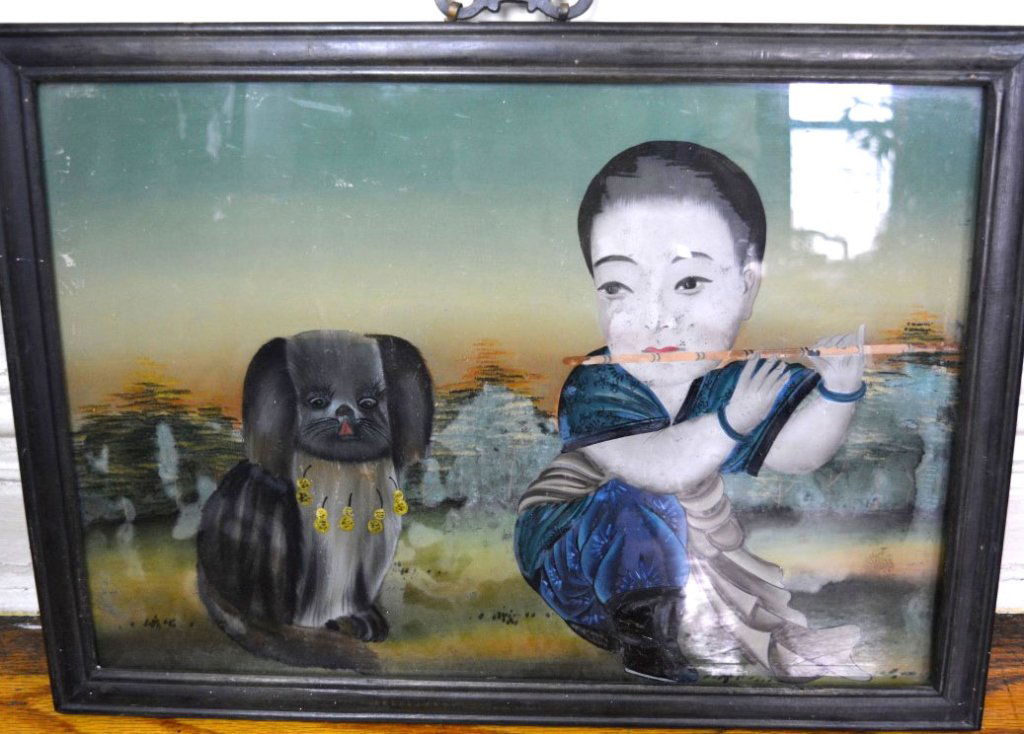 Chinese Reverse Painting of a Boy w flute & Dog (1 of 4)