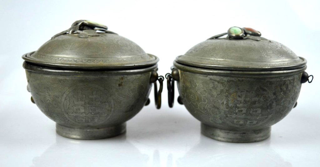 Incised 19th C Chinese Pewter Bowls & Covers (1 of 9)