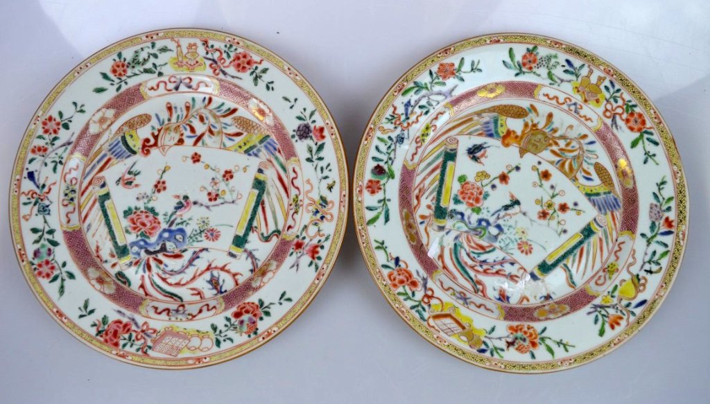 Pr Early 18thC Chinese Rose-Verte Porcelain Plates (1 of 7)