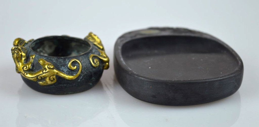 Chinese Gilt Bronze Water Pot & Duan Inkstone (1 of 8)