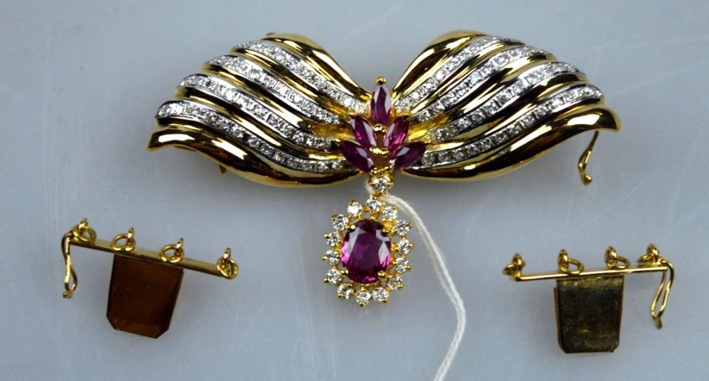 Chinese Ruby, Diamond, 14K Gold Pin or Clasp (1 of 9)