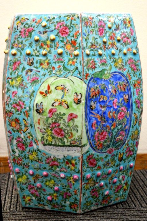 Chinese 19th Cen. Porcelain Garden Seat: 19th Century Chinese Porcelain Garden Seat with enameled decoration. Wear to enamel on seat. Provenance: Virginia Collector circa 1950. Height 18 inches (46 cm.).