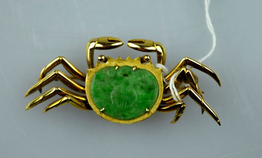 Antique Chinese Green Jadeite & 14K Crab Pin (1 of 7)