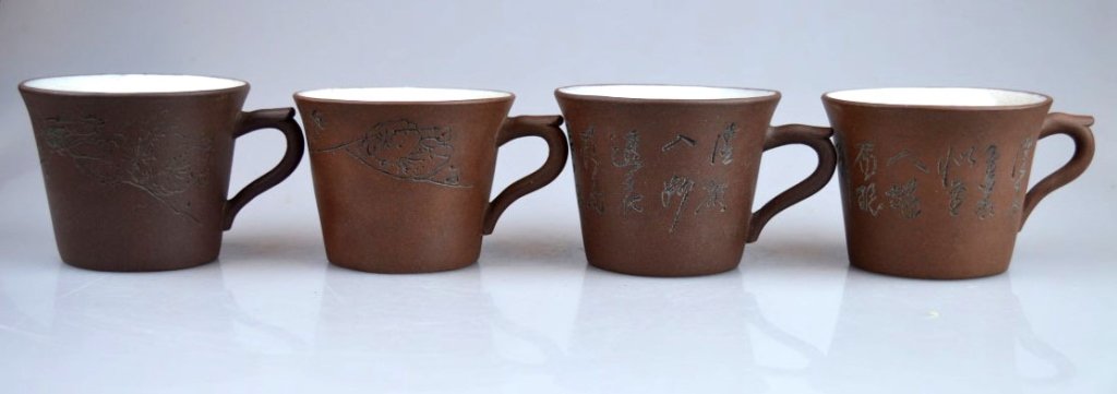 4 Good Enameled Chinese Yixing Teacups Incised (1 of 10)