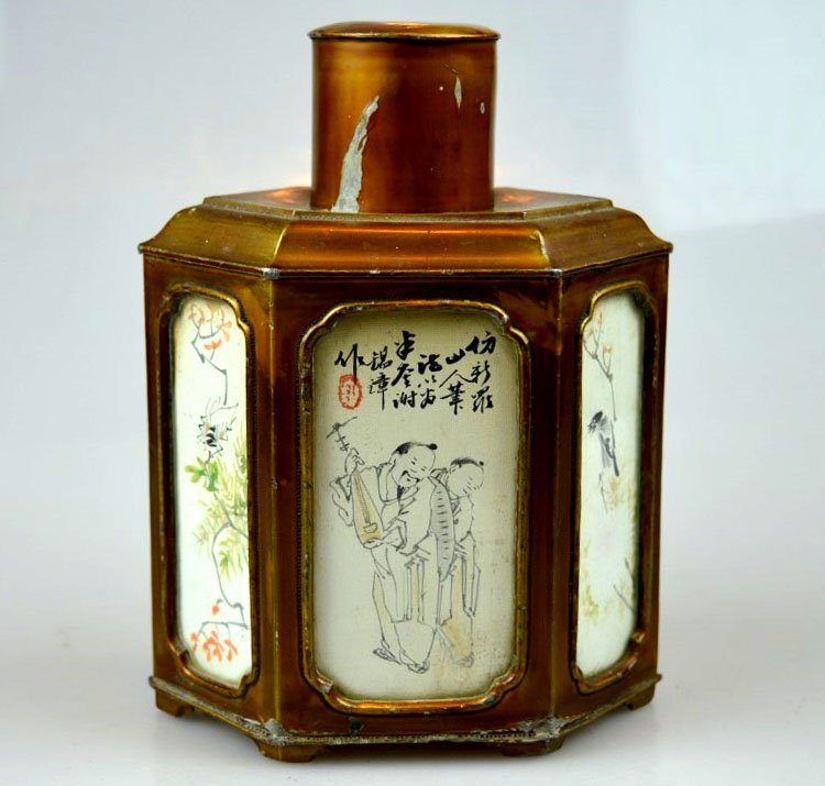 Lacquered Pewter Tea Caddy w Under Glass Paintings (1 of 8)