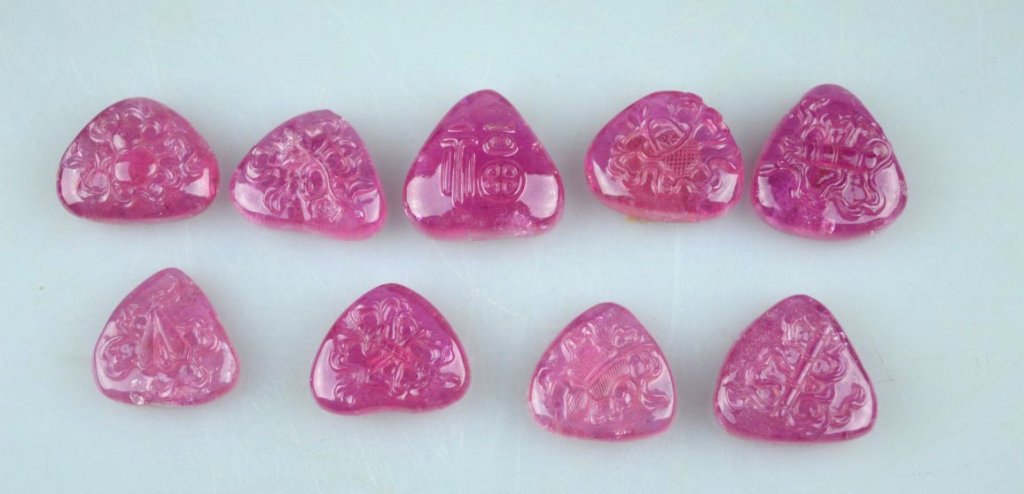 9 Antique Carved Chinese Pink Tourmaline Buttons (1 of 9)