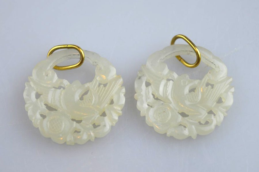Pr 18thC Chinese White Jade Bird & Flower Earrings (1 of 6)