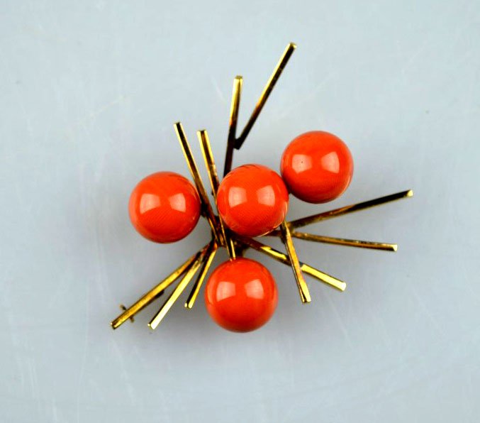 Chinese Coral Round Bead & 14K Gold Modernist Pin (1 of 4)
