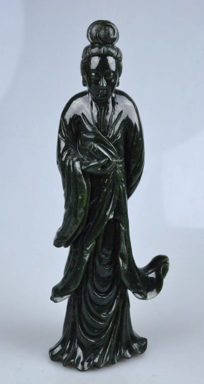 Hand Carved Chinese Dark Green Jade Lady Sculpture (1 of 8)