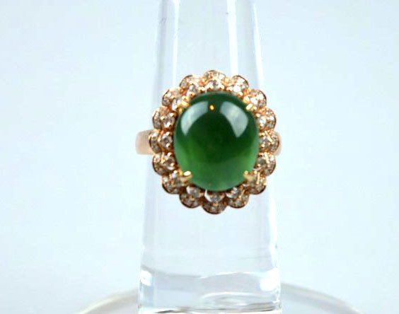 Chinese Ring with Cabochon Jadite, Diamonds & 14K (1 of 5)