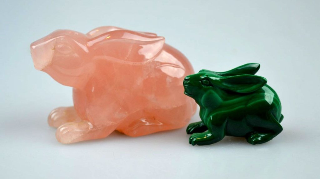 2 Chinese Carved Rabbits, Rose Quartz & Malachite (1 of 5)