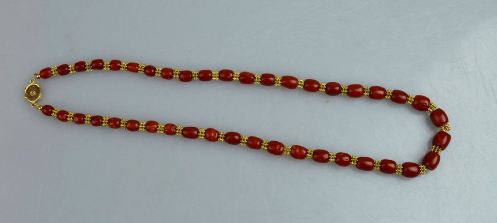 Fine Antique Aka Coral and gold marked 14K Necklac (1 of 6)