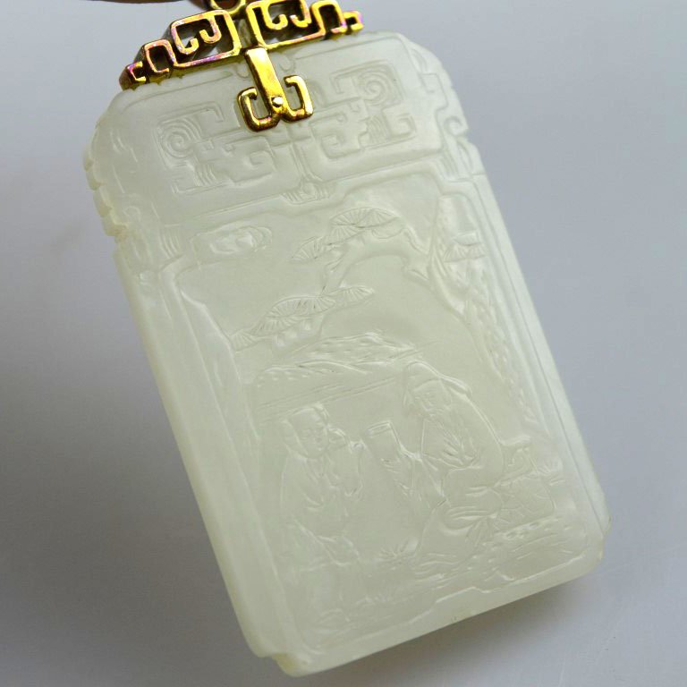 Fine Chinese Carved White Jade Plaque, "585" Gold (1 of 10)