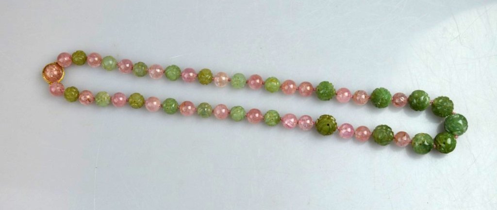 Chinese Tourmaline & Mason-Kay Certified Jadeite: Chinese Tourmaline & Mason-Kay Certified Jadeite Beads in two patterns now as a necklace with a tourmaline & gold marked 18K closure. See images for more information.